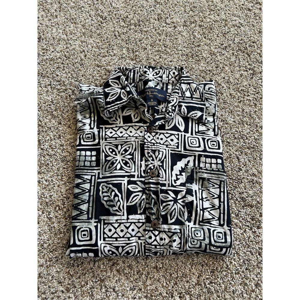 PETE HUNTINGTON size S SHIRT Button Up BALI Handcrafted LS FLORAL BLACK E24